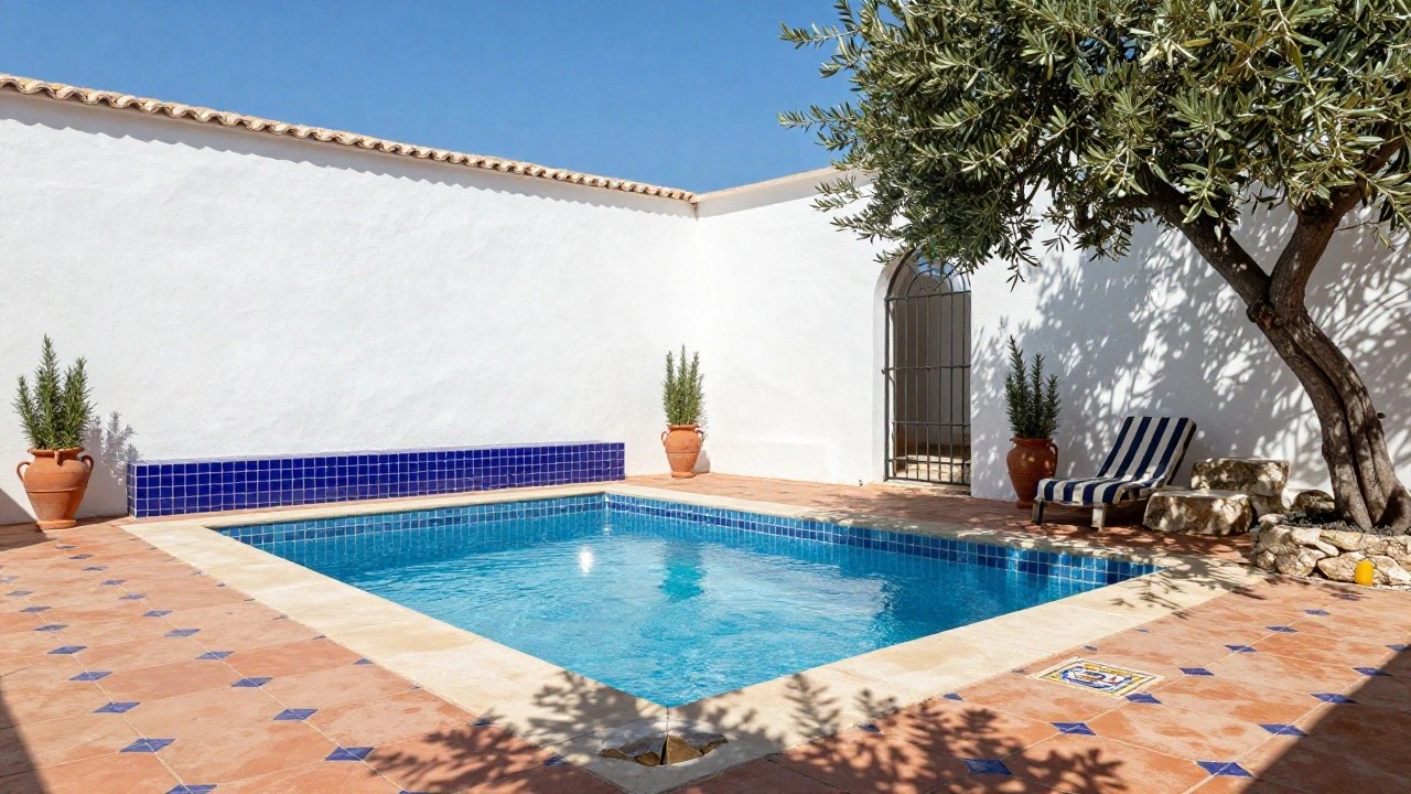 Blue-tiled swimming pool with stone coping and tile inserts, adjacent blue mosaic tile wall panel and bench on white stucco wall, olive tree, striped lounge chair, potted rosemary, and arched iron door on terracotta patio.