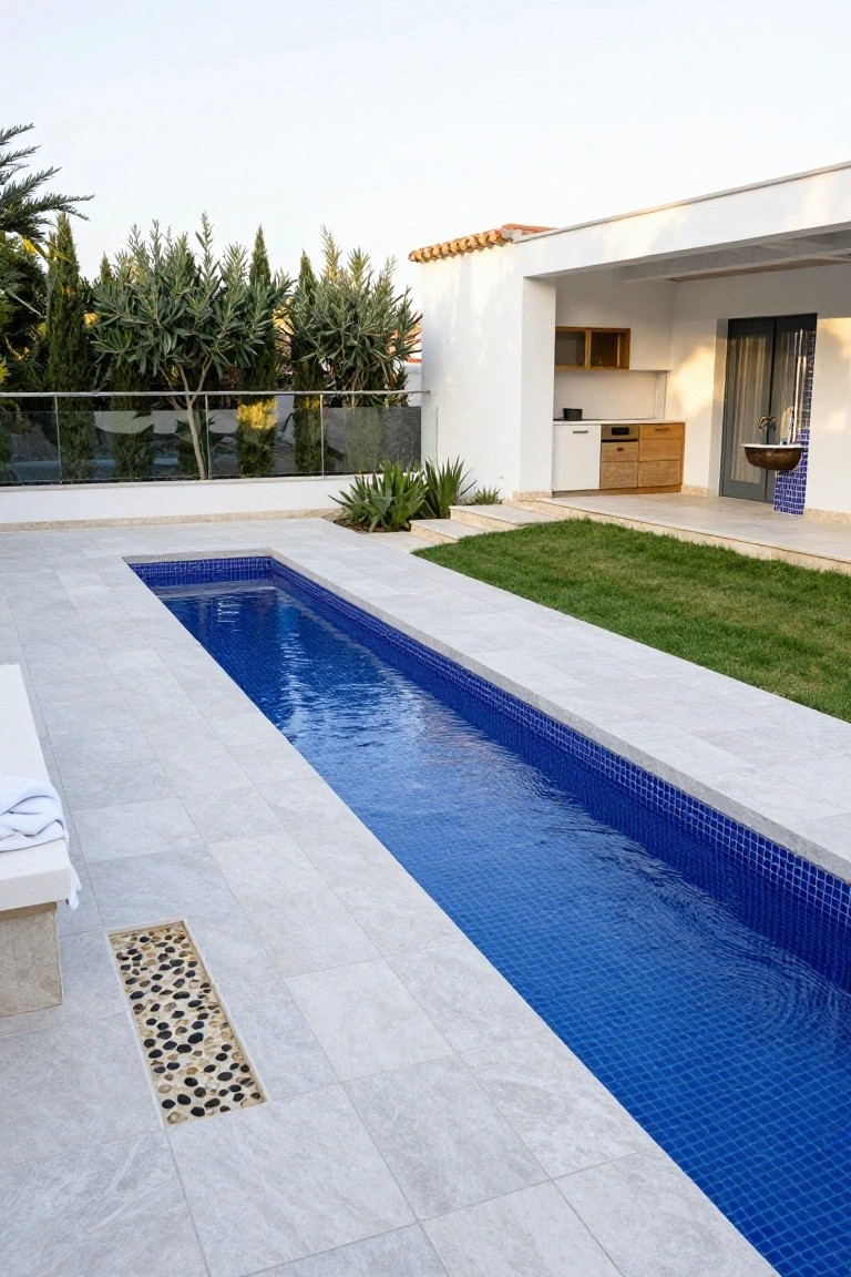 Narrow lap pool with blue mosaic tile lining, gray stone decking, pebble inset drain, adjacent green lawn, and modern white outdoor kitchen structure with plants and glass fencing.