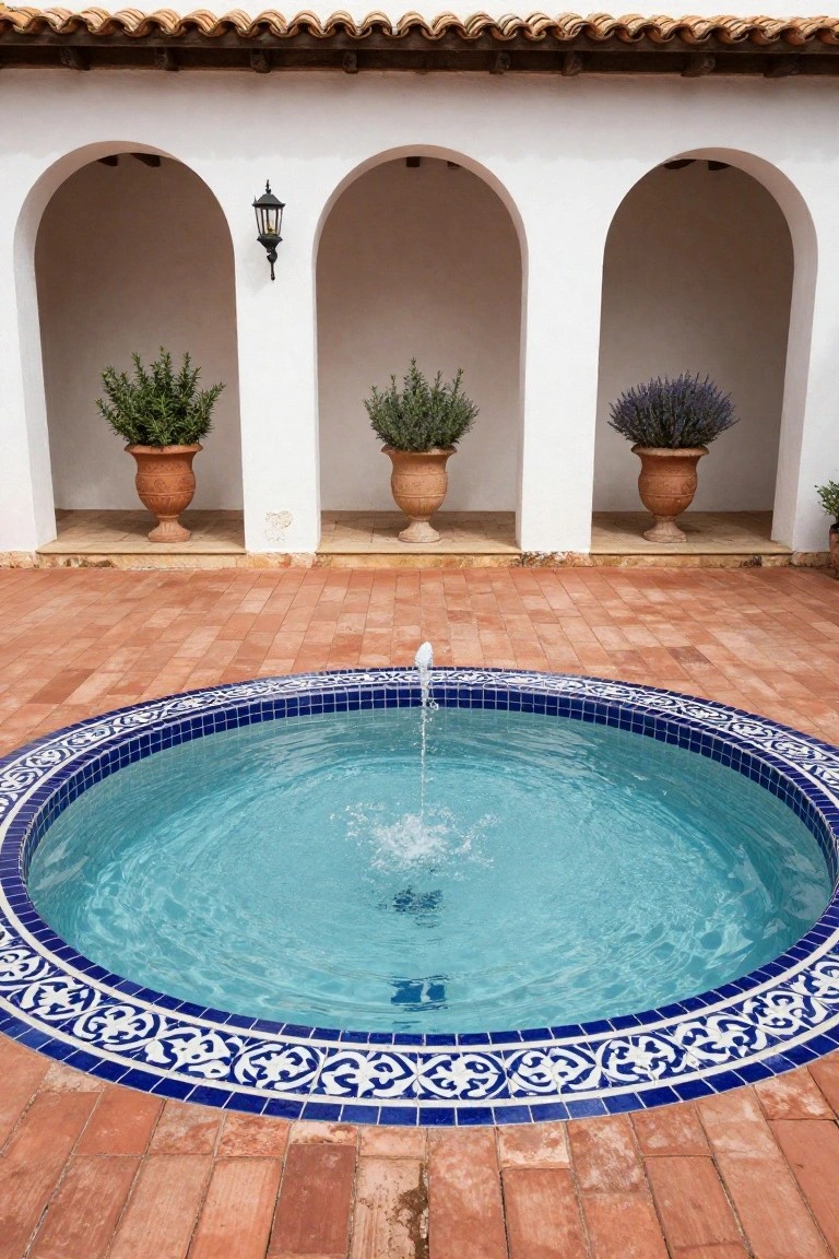 Circular turquoise pool with blue tiles featuring white arabesque patterns, centered in a terracotta-paved courtyard flanked by white stucco arches, potted shrubs, and wall lanterns.