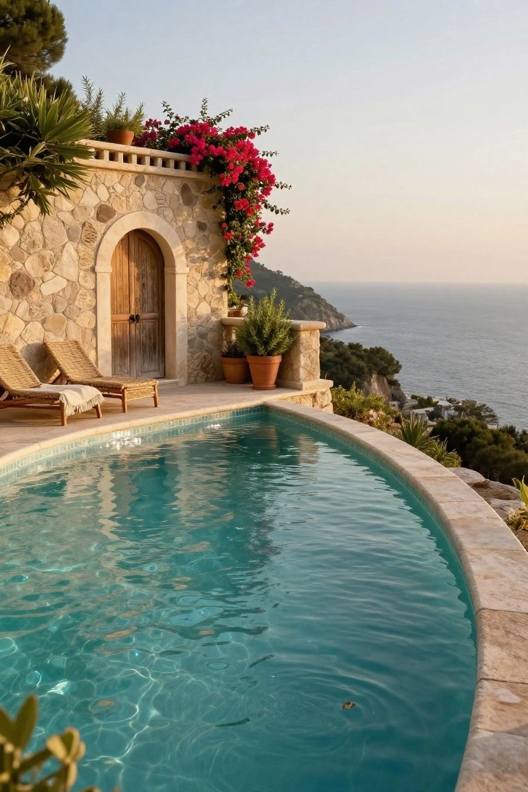 Curved turquoise pool on a light stone terrace with two woven lounge chairs, potted plants, red bougainvillea, arched wooden door, and ocean view.