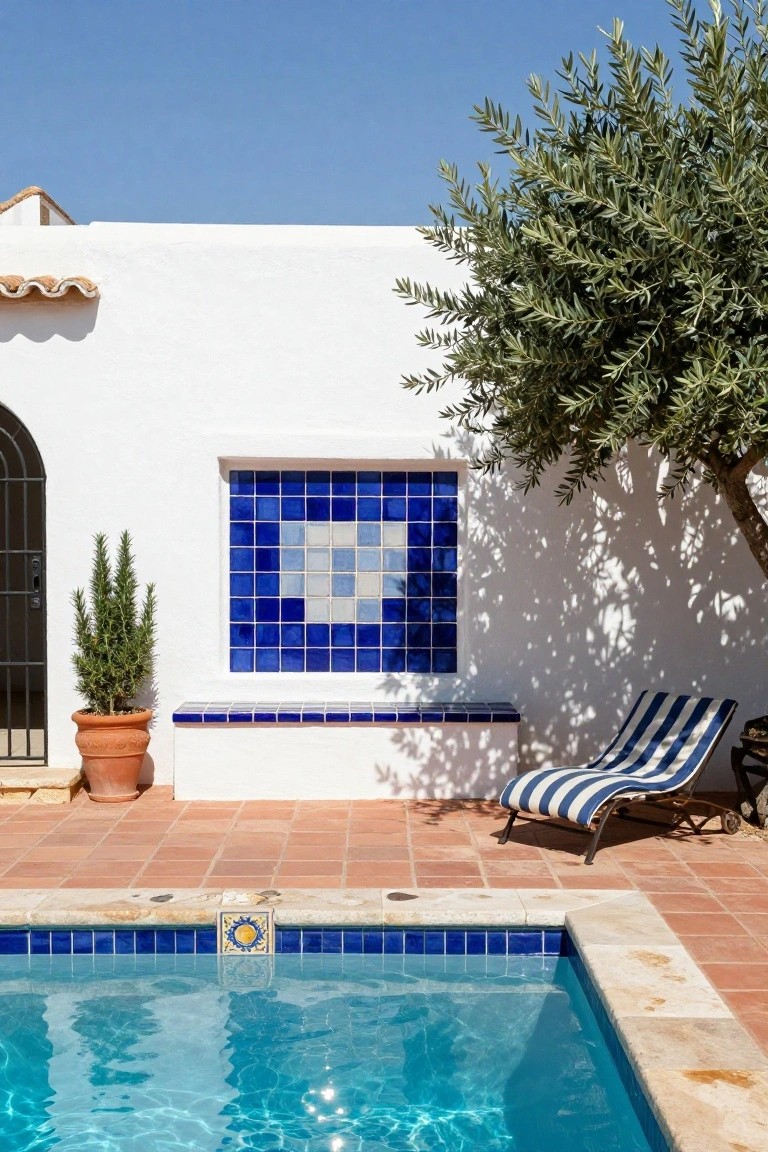 Blue-tiled swimming pool with stone coping and tile inserts, adjacent blue mosaic tile wall panel and bench on white stucco wall, olive tree, striped lounge chair, potted rosemary, and arched iron door on terracotta patio.