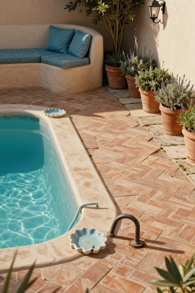 Small turquoise pool with smooth beige stone edge and two white scalloped dishes on the ledge, surrounded by terracotta tiles in herringbone pattern, built-in curved beige seating with blue cushions, potted lavender and olive tree nearby.