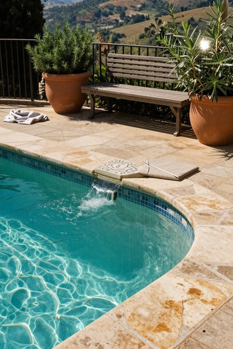 Pool edge with blue mosaic tiles at the waterline, light beige travertine stone coping, integrated waterfall spout, terracotta pots with plants, wooden bench, and distant hillside view.