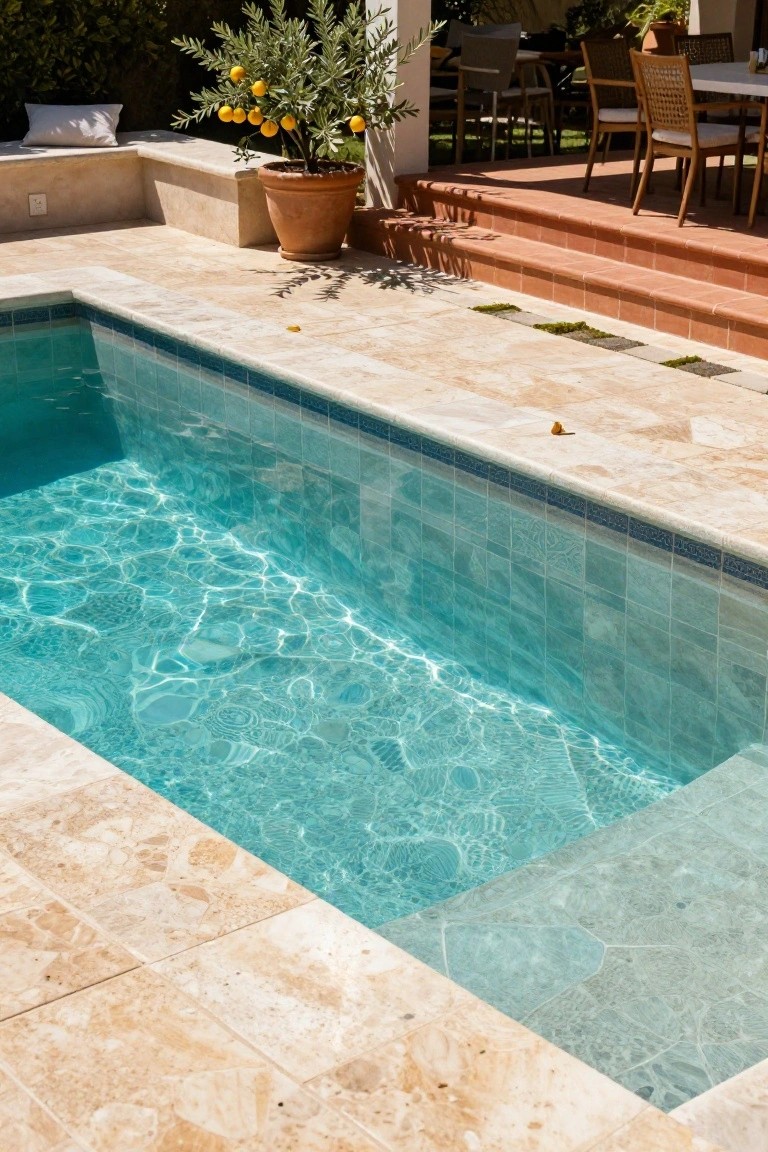 Rectangular pool with turquoise water and blue mosaic wall tiles, surrounded by light beige travertine decking, next to terracotta steps and a large potted lemon tree.