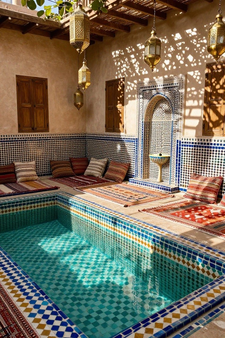 A sunlit Moroccan-style courtyard with a small turquoise zellige-tiled pool, low cushioned seating on patterned rugs, blue mosaic tiled walls and fountain, wooden doors, and hanging brass lanterns.