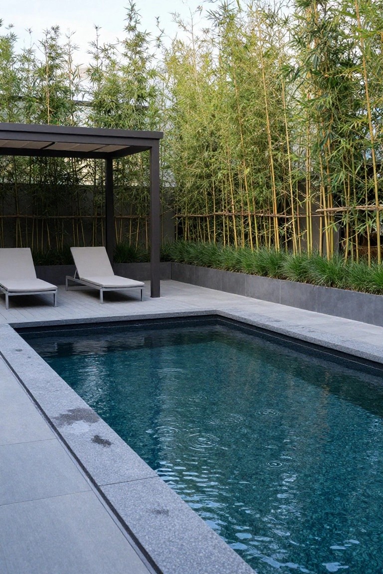 19 Modern Backyard Inground Pool Ideas For Fresh Outdoor Appeal Modern rectangular inground pool with dark liner and gray stone decking, two beige reclining loungers under a black metal pergola, tall bamboo fencing and grasses along the perimeter.