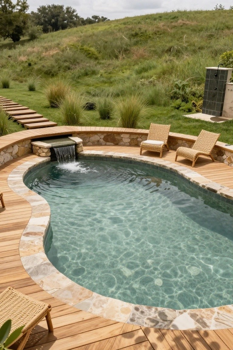 19 Modern Backyard Inground Pool Ideas For Fresh Outdoor Appeal Curved turquoise inground pool with stone waterfall feature, wooden deck surround, rattan lounge chairs, and surrounding grassy hillside landscaping.
