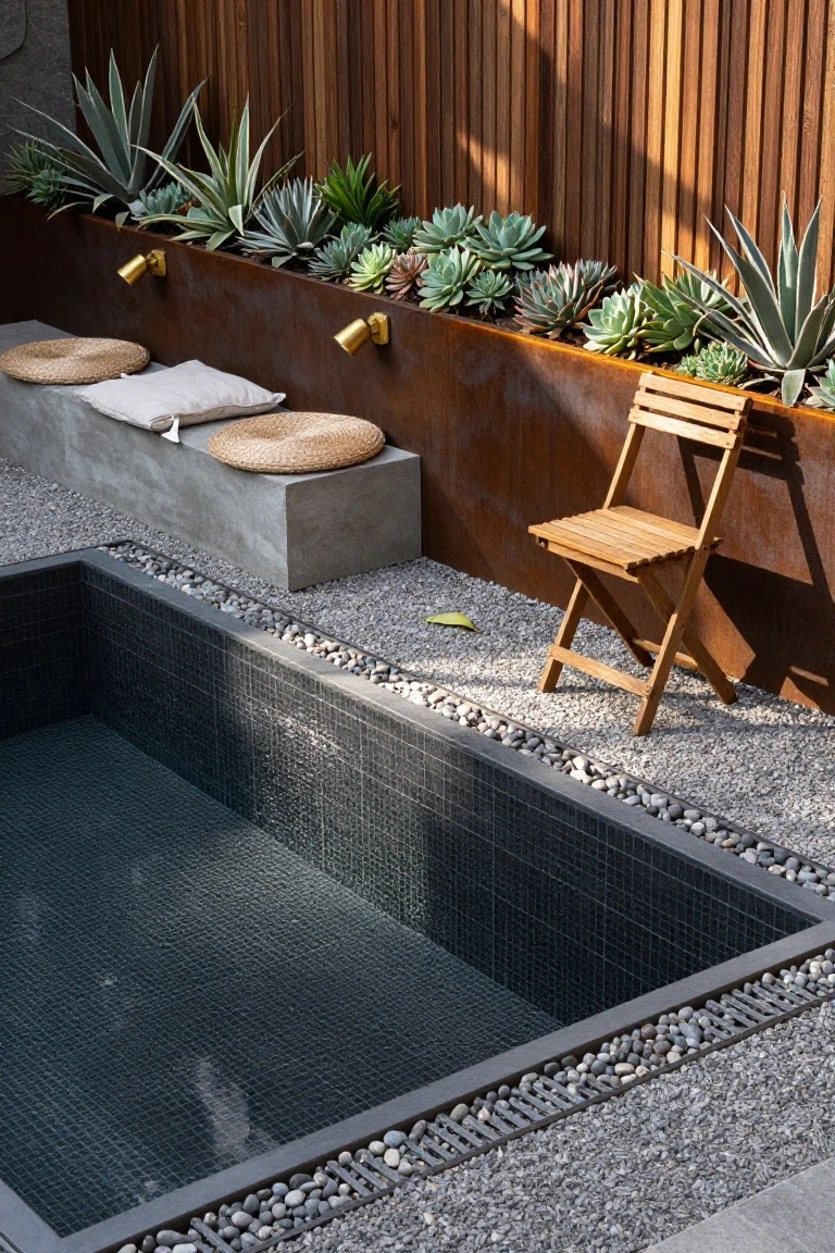 19 Modern Backyard Inground Pool Ideas For Fresh Outdoor Appeal Backyard inground pool with dark mosaic tiles and pebble edging, concrete benches with cushions and round pillows, a folding wooden chair, linear corten steel planters filled with succulents, brass wall lights, and a wooden slat fence backdrop on gravel ground.