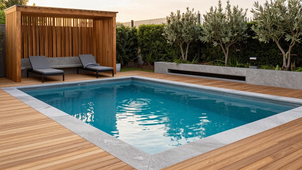 Rectangular inground pool surrounded by wooden decking, with gray lounge chairs, a fire table, concrete planters, an olive tree, and a wooden pergola nearby.