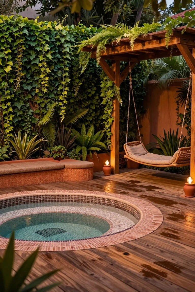 19 Modern Backyard Inground Pool Ideas For Fresh Outdoor Appeal Circular inground hot tub with turquoise water and mosaic tiles on a wooden deck, next to a beige cushioned rattan hanging swing under a pergola, surrounded by lush tropical plants, ivy walls, ferns, and clay lanterns at dusk.