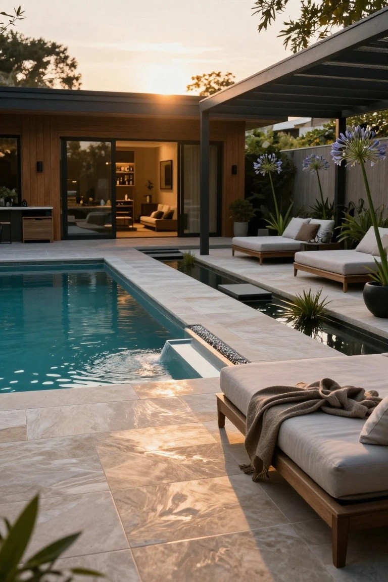 19 Modern Backyard Inground Pool Ideas For Fresh Outdoor Appeal Backyard inground pool with turquoise water next to a narrow pebble-lined water channel, tiled deck with two wooden lounge beds draped in blankets, potted plants, agapanthus flowers, and modern house with open glass doors at sunset.