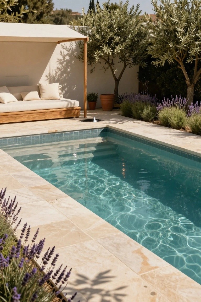 19 Modern Backyard Inground Pool Ideas For Fresh Outdoor Appeal Narrow inground lap pool with turquoise water and light blue tile edge, beige travertine decking, purple lavender plants along one side, wooden daybed with beige cushions under white fabric canopy, olive trees and potted plants nearby.