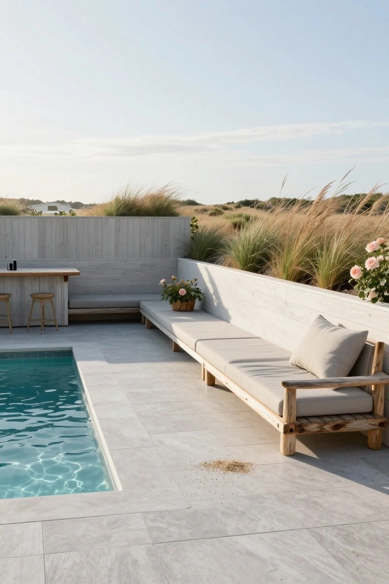 19 Modern Backyard Inground Pool Ideas For Fresh Outdoor Appeal Turquoise inground pool next to gray tiled deck with wooden bar counter, two stools, L-shaped bench with gray cushions, white wooden boundary wall topped with tall grasses and pink rose bushes, and distant dunes under a partly cloudy sky.
