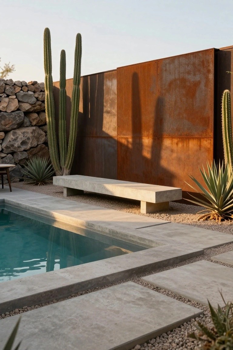 19 Modern Backyard Inground Pool Ideas For Fresh Outdoor Appeal Backyard inground pool with concrete edging and pavers, a linear concrete bench nearby on gravel, flanked by agave plants and tall cacti, stone wall, and rusted metal fence.
