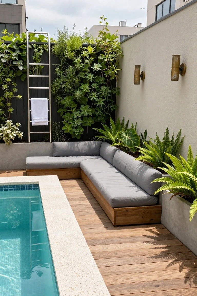 19 Modern Backyard Inground Pool Ideas For Fresh Outdoor Appeal Small turquoise-tiled inground pool next to a wooden L-shaped bench with gray cushions on a deck, surrounded by white walls, brass wall lights, a stainless steel ladder with a towel, and lush green plants including ferns and vines.