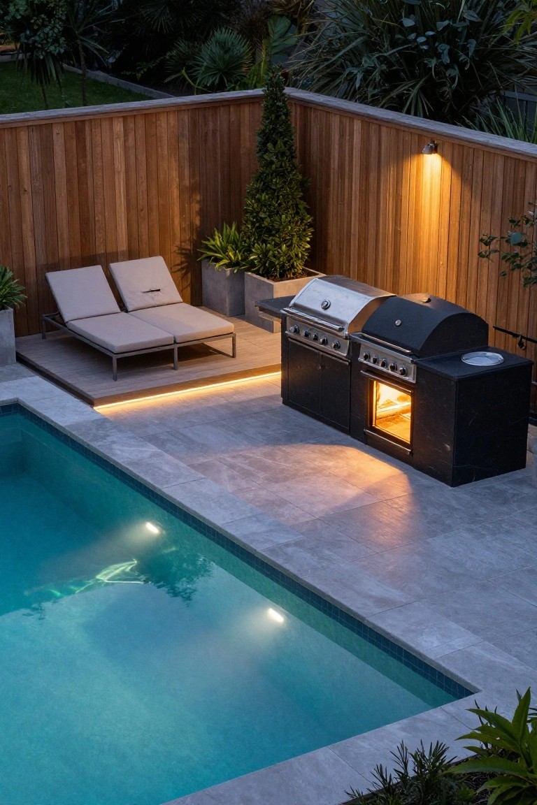 19 Modern Backyard Inground Pool Ideas For Fresh Outdoor Appeal Backyard inground pool at night lit from below, with adjacent built-in black outdoor kitchen featuring double grills, oven, and side burner, wooden deck with two lounge chairs, wooden privacy fence, and surrounding plants.