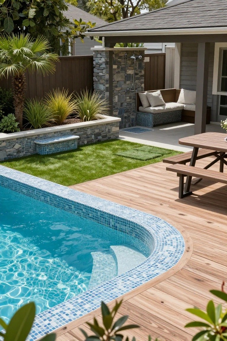 19 Modern Backyard Inground Pool Ideas For Fresh Outdoor Appeal Backyard inground pool with curved blue mosaic tile coping, surrounded by light wood decking that extends to a picnic table, artificial turf lawn, stone outdoor shower, cushioned bench seating, and covered patio area with plants and fence.