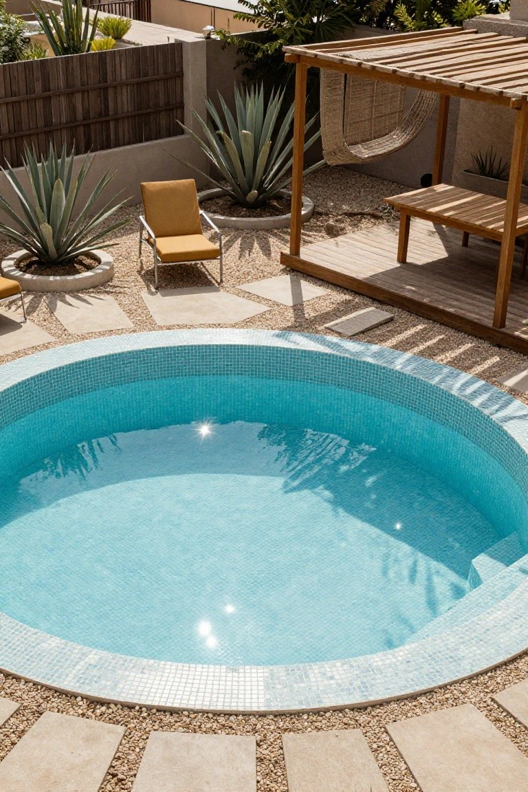 19 Modern Backyard Inground Pool Ideas For Fresh Outdoor Appeal A round inground pool with turquoise mosaic tile interior and white mosaic tile edging, surrounded by beige stone pavers, gravel ground cover, potted agave plants, a wooden pergola with hanging chair, orange lounge chair, and wooden bench in a modern backyard setting.