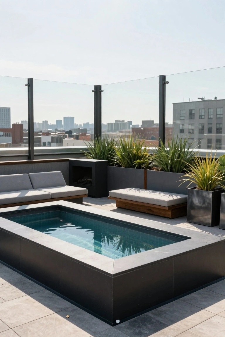 19 Modern Backyard Inground Pool Ideas For Fresh Outdoor Appeal Rooftop terrace with a rectangular turquoise-tiled inground plunge pool edged in black, surrounded by gray outdoor sofas, a wood-fired pit, potted plants, and glass railings with city skyline in background.