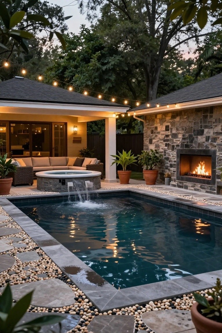 19 Modern Backyard Inground Pool Ideas For Fresh Outdoor Appeal Backyard inground pool with adjacent raised stone hot tub spilling water into the pool, pebble and tile decking, stone outdoor fireplace, potted plants, wicker seating, string lights under covered patio, and surrounding trees at dusk.