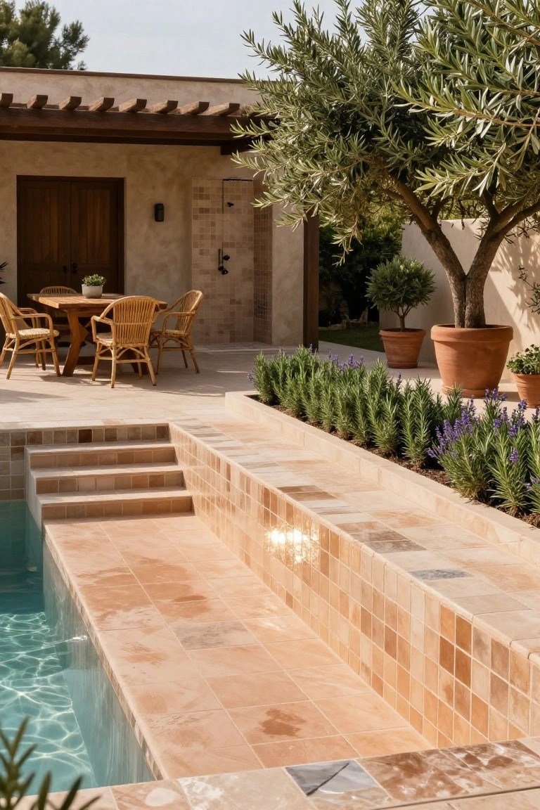 19 Modern Backyard Inground Pool Ideas For Fresh Outdoor Appeal Beige terracotta tiled steps leading to a turquoise inground pool with rippling water, adjacent raised planters with rosemary and lavender bushes, wooden dining table with wicker chairs, olive trees, terracotta pots, and stucco house wall with pergola.