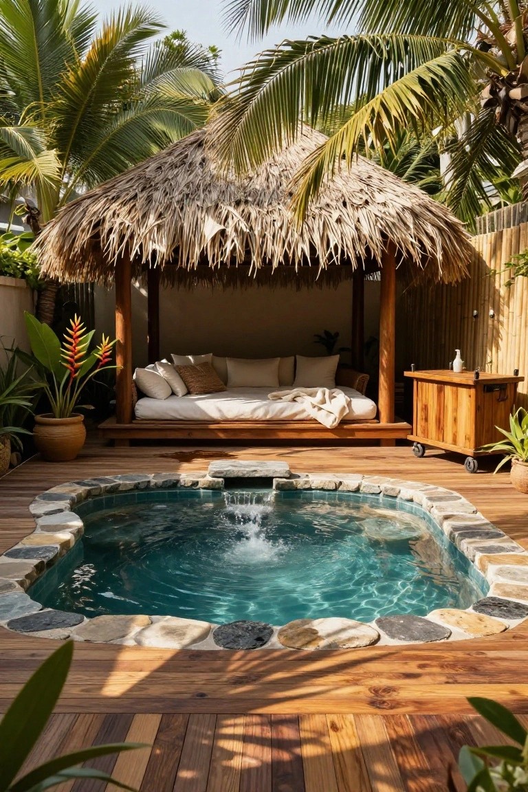 19 Modern Backyard Inground Pool Ideas For Fresh Outdoor Appeal Small round inground pool with fountain in a wooden deck backyard, next to a thatched pavilion containing a raised wooden daybed with pillows and blankets, surrounded by tropical plants and palms.