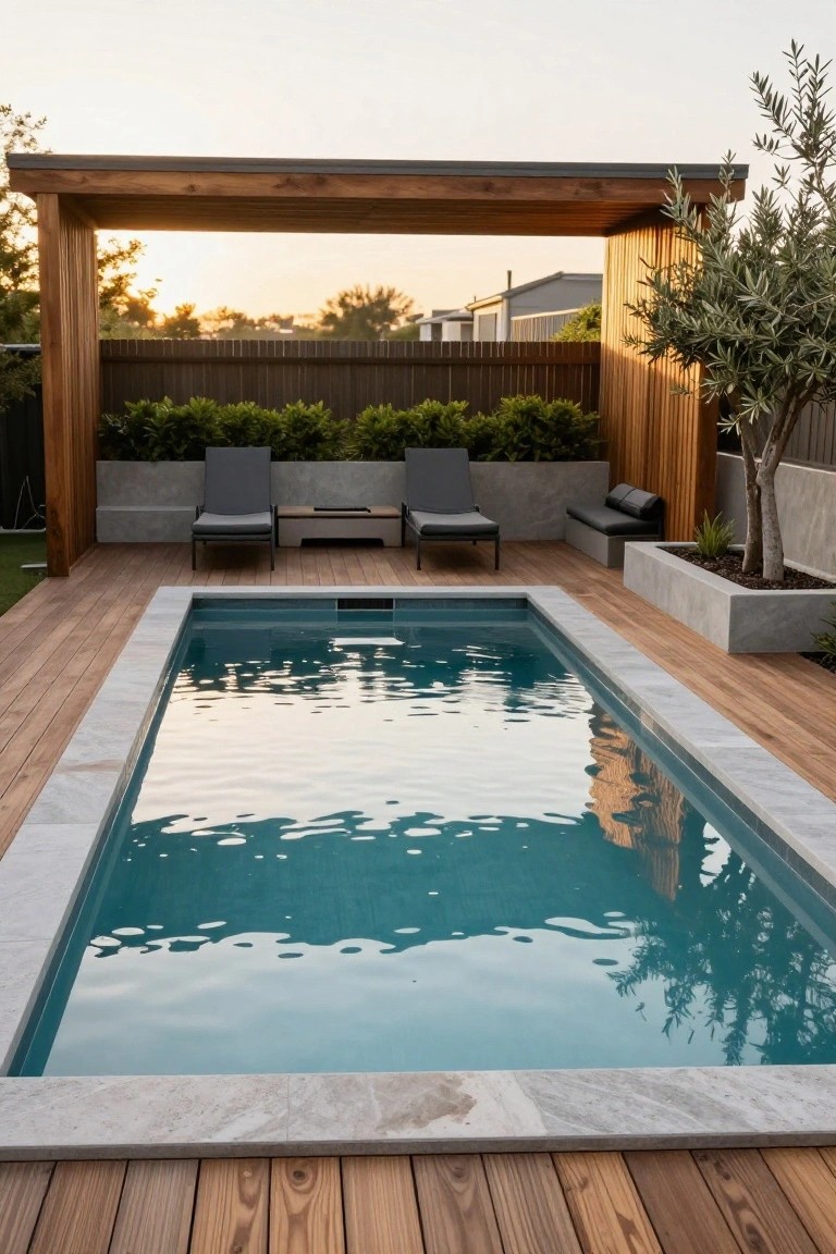 19 Modern Backyard Inground Pool Ideas For Fresh Outdoor Appeal Rectangular inground pool surrounded by wooden decking, with gray lounge chairs, a fire table, concrete planters, an olive tree, and a wooden pergola nearby.