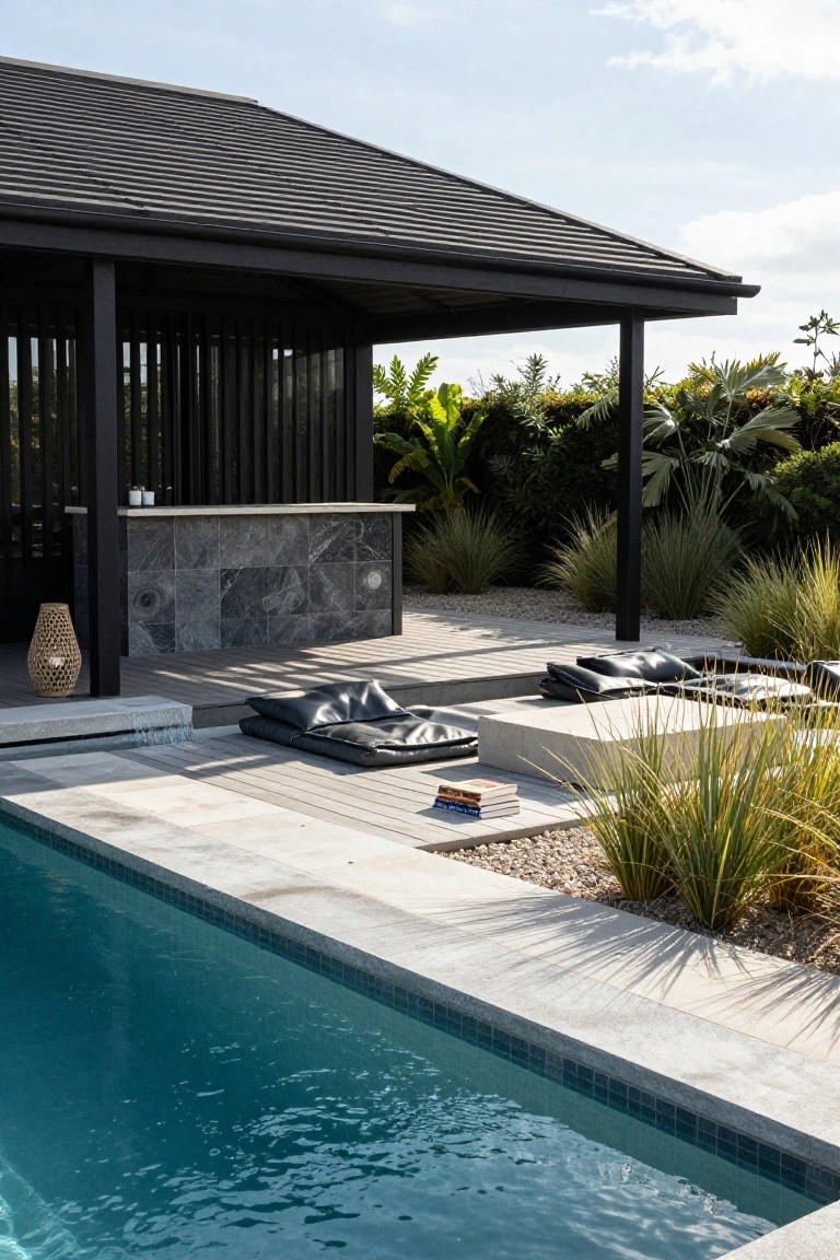 Black slatted pergola structure with marble bar and lounge cushions on wooden deck beside turquoise pool, surrounded by tropical plants and gravel landscaping.