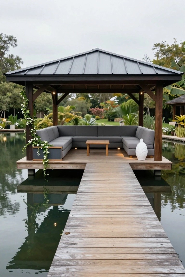 Wooden gazebo with gray L-shaped sofa, teak coffee table, and white vase on a raised deck over a green pond, accessed by a wooden walkway amid tropical garden plants.