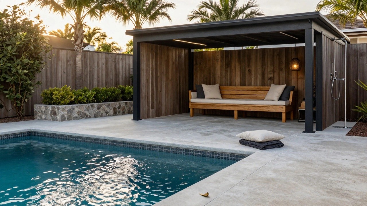 Open-sided wooden gazebo with built-in bench seating, cushions, pendant light, potted plants, and wall-mounted outdoor shower next to an in-ground pool, surrounded by palm trees and hedges.