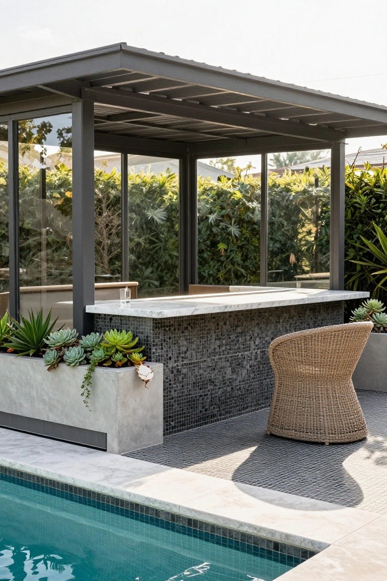 Black steel gazebo with glass panels enclosing a white marble bar counter backed by dark mosaic tiles, rattan stool, succulent planters, next to a turquoise pool with white marble edging and pebble paving.
