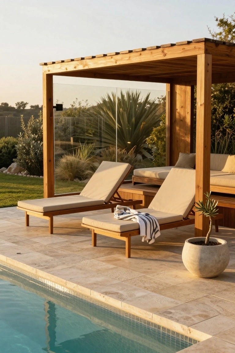 Wooden gazebo with glass panels and beige sun loungers draped in towels beside a rectangular pool on a tiled patio, with potted plants and landscaping in the background.
