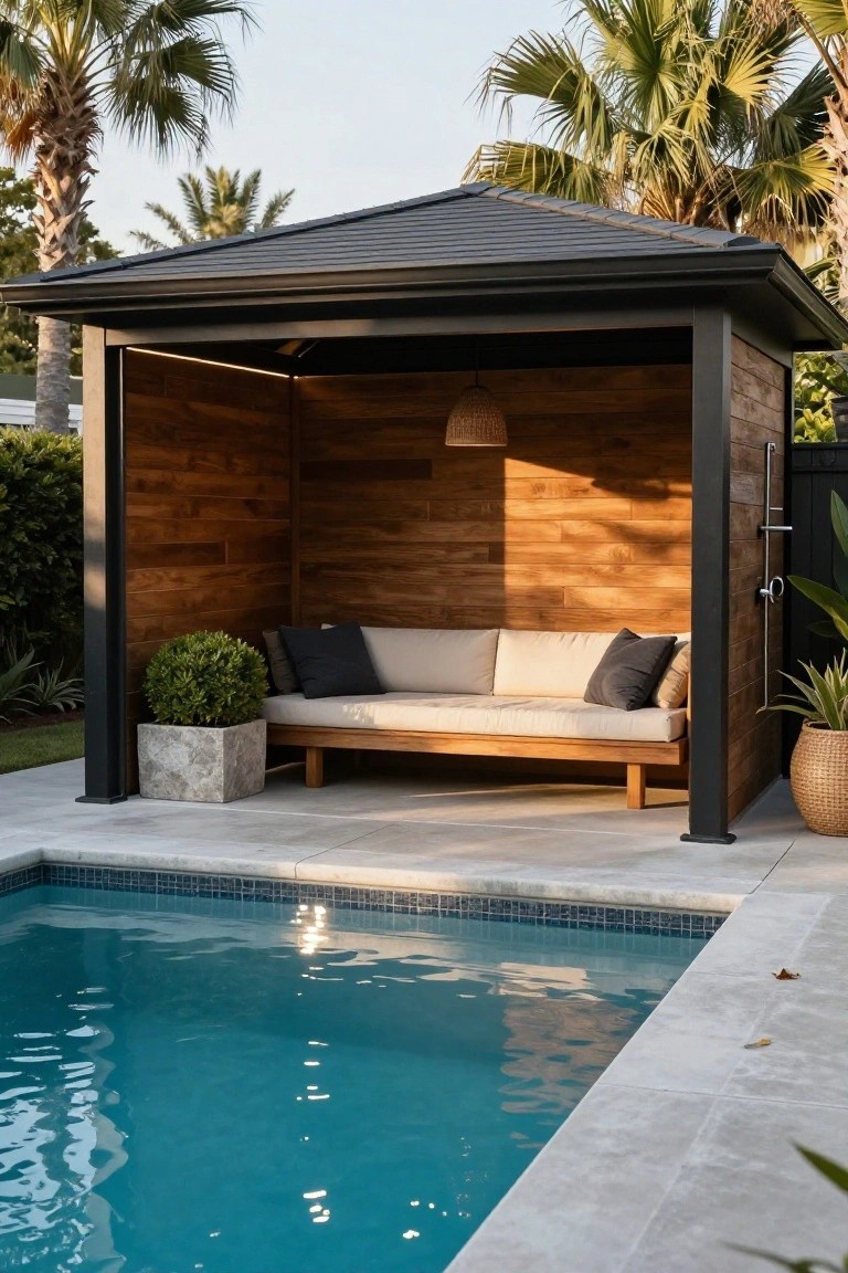 Open-sided wooden gazebo with built-in bench seating, cushions, pendant light, potted plants, and wall-mounted outdoor shower next to an in-ground pool, surrounded by palm trees and hedges.