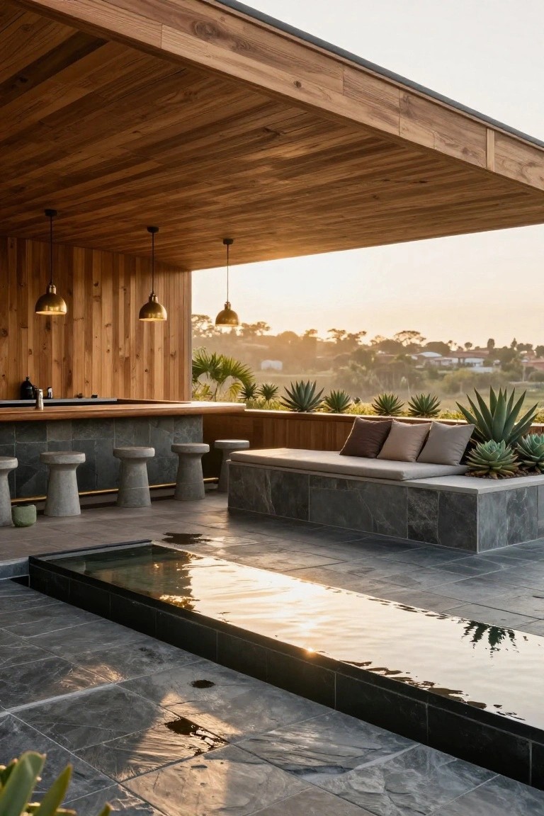 Wooden canopy over a stone bar with concrete stools and built-in bench seating, flanked by agave plants, adjacent to a shallow linear water feature on a gray stone patio with sunset lighting and hillside view in background.