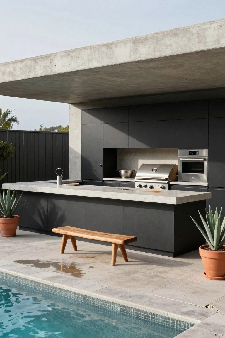 Outdoor kitchen island with light gray concrete countertop and dark paneled cabinets containing a stainless steel grill and oven, wooden bench stool, potted agave plants, concrete flooring, and adjacent swimming pool.