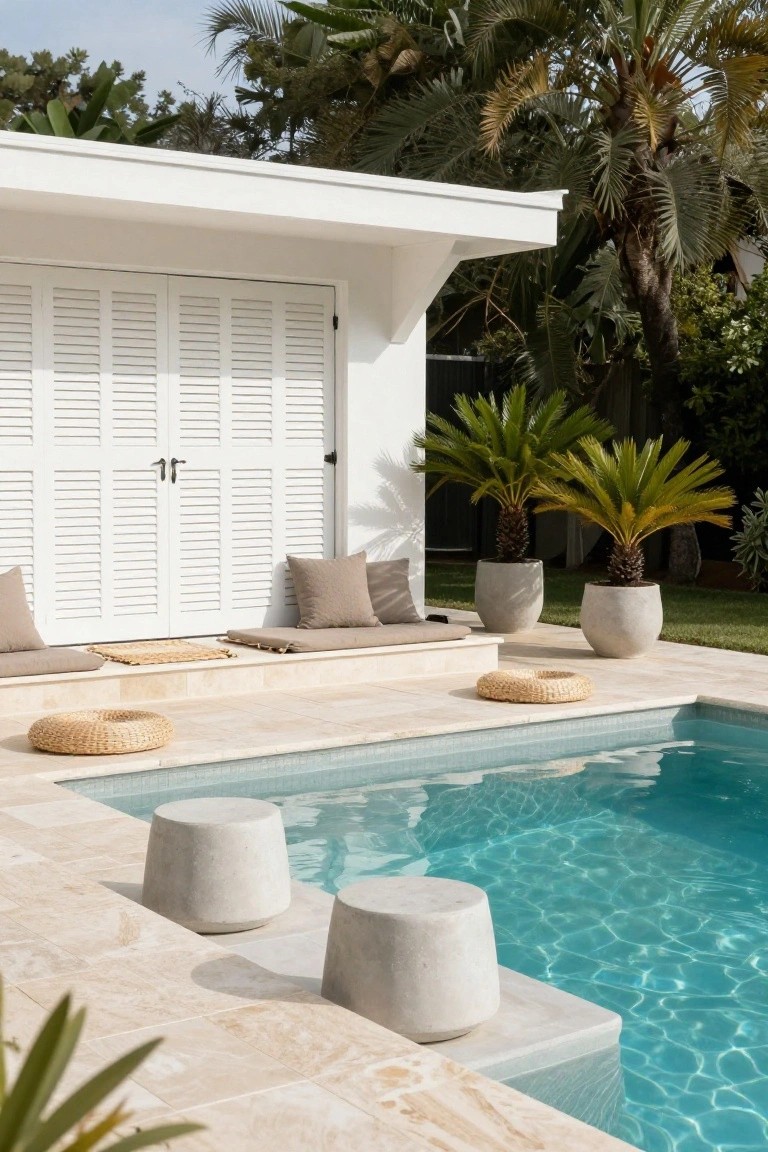 White pool house with louvered shutters adjacent to a turquoise pool on travertine decking, with two concrete stools, beige cushions, woven mats, and potted fan palms.