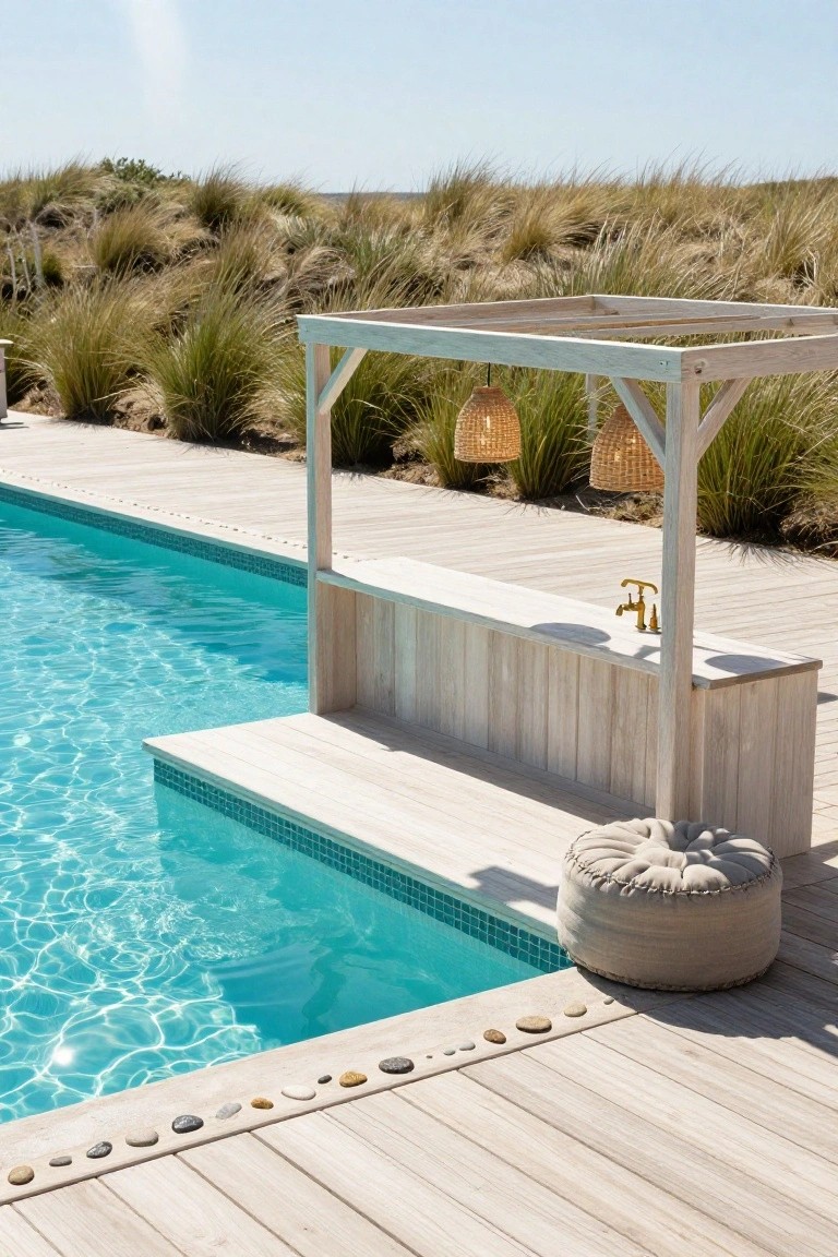 Wooden pergola gazebo with bar counter extending over turquoise pool edge, gold faucet, two hanging basket lanterns, beige pouf stool on deck with pebble border and surrounding dune grasses.