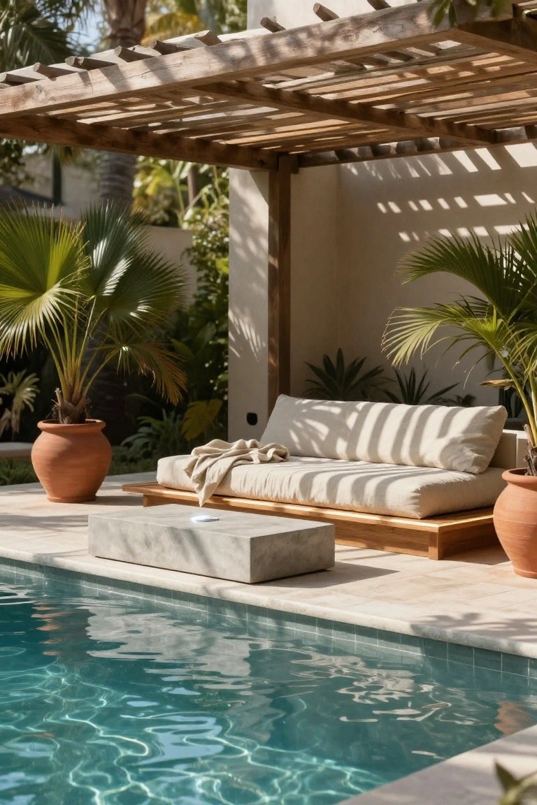 Wooden slatted pergola shading a low beige daybed and concrete table on a tiled patio next to a turquoise pool, with large potted palm plants.