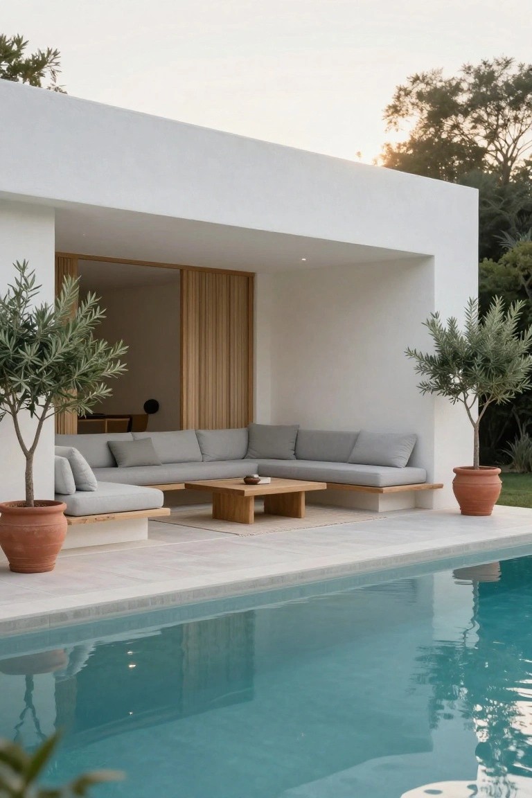 White minimalist pavilion structure with wooden slatted doors, L-shaped low bench with gray cushions and pillows around a wooden low table, flanked by potted olive trees, on a light tiled patio next to a turquoise pool.