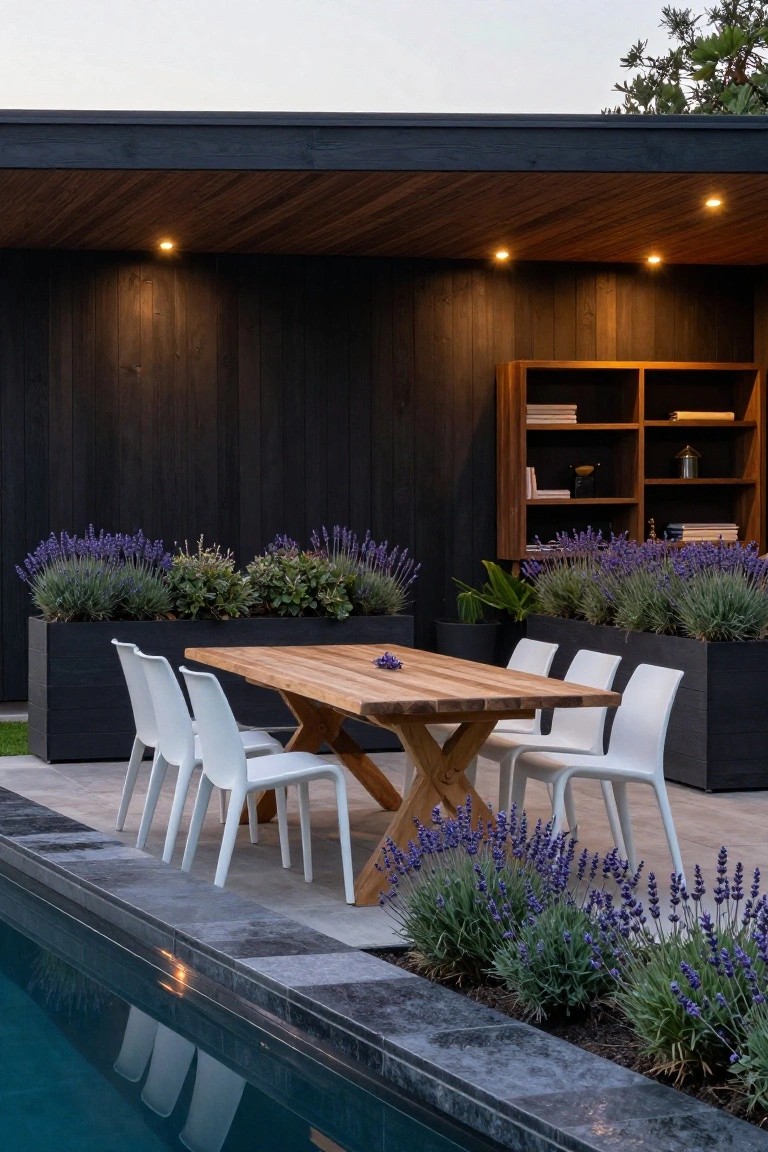 Wooden dining table and white molded plastic chairs under a slatted wooden ceiling with recessed lights in a black wood-clad outdoor pavilion next to a rectangular swimming pool edged with black planters of lavender.