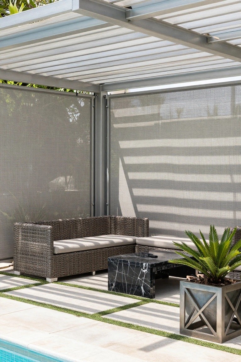 Slatted metal pergola covering an L-shaped wicker sofa and black marble cube table next to a pool, with beige privacy screens, potted plants, and geometric pavers with grass strips.