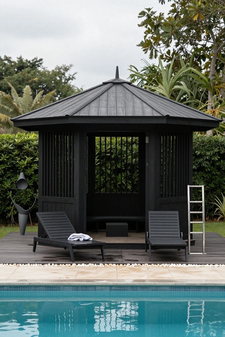 Black octagonal gazebo with latticed sides containing two black loungers and towels, positioned on a wooden deck beside a rectangular swimming pool with a metal ladder, surrounded by tropical plants and hedges.