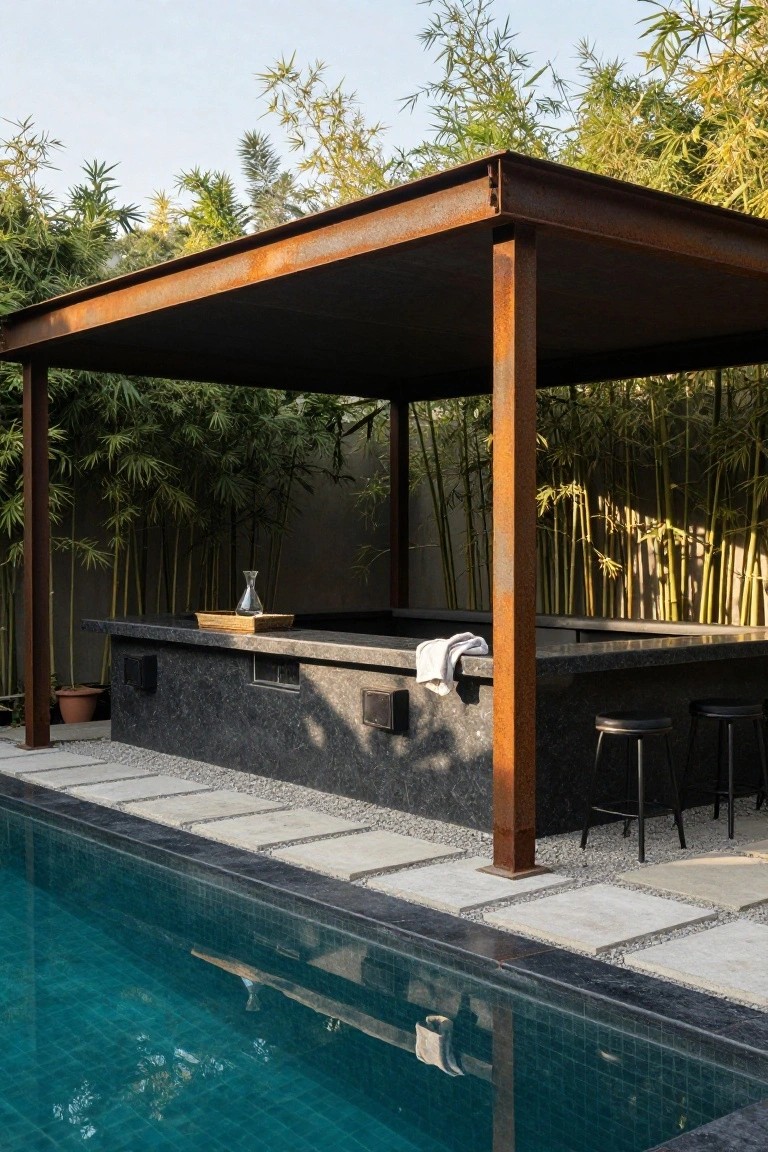 Rusty steel pergola framing a black stone bar counter with two black stools, surrounded by bamboo plants next to a turquoise mosaic-tiled swimming pool.