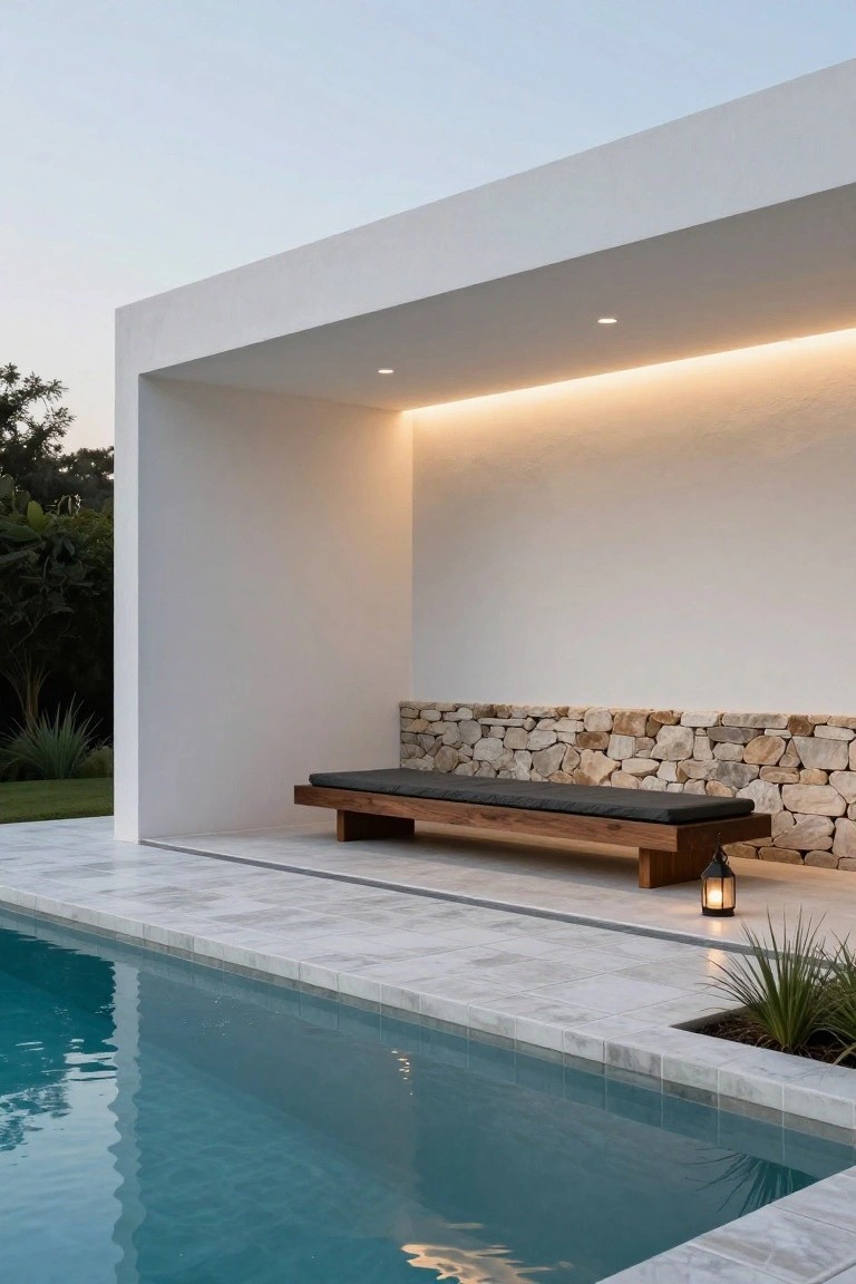 White minimalist pavilion structure with recessed dark wood bench on beige stone wall beside turquoise pool on white tiled deck, featuring LED strip lighting, hanging lantern, and potted plants at dusk.