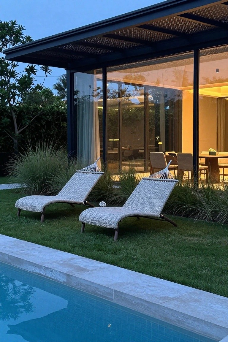 Two white woven rope loungers with curved frames sit on grass beside a rectangular blue-tiled pool, next to a modern house with floor-to-ceiling glass walls and an overhanging dark metal roof, surrounded by pampas grass and tropical plants.