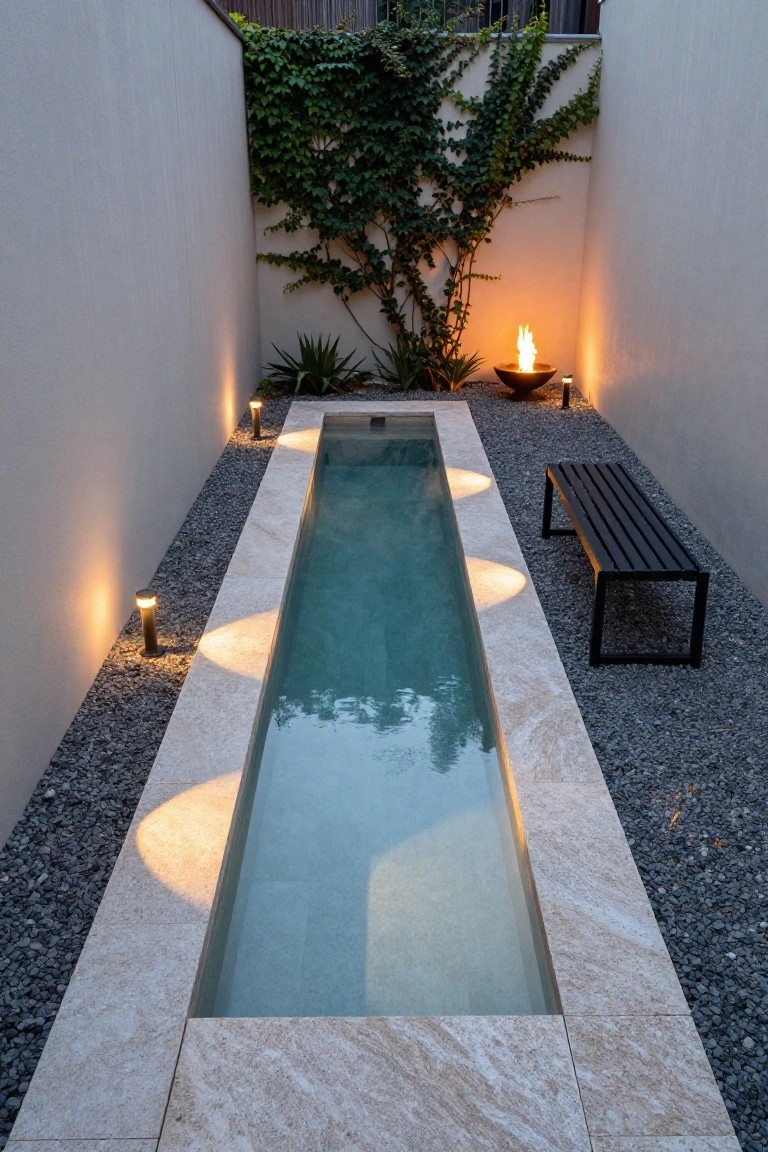 19 Modern Pool Lighting Ideas That Bring Sleek Nighttime Style Narrow rectangular pool in a white-walled courtyard with gravel ground, lit by three cylindrical bollard lights, a central fire bowl, potted plants, ivy on one wall, and a black wooden bench alongside.