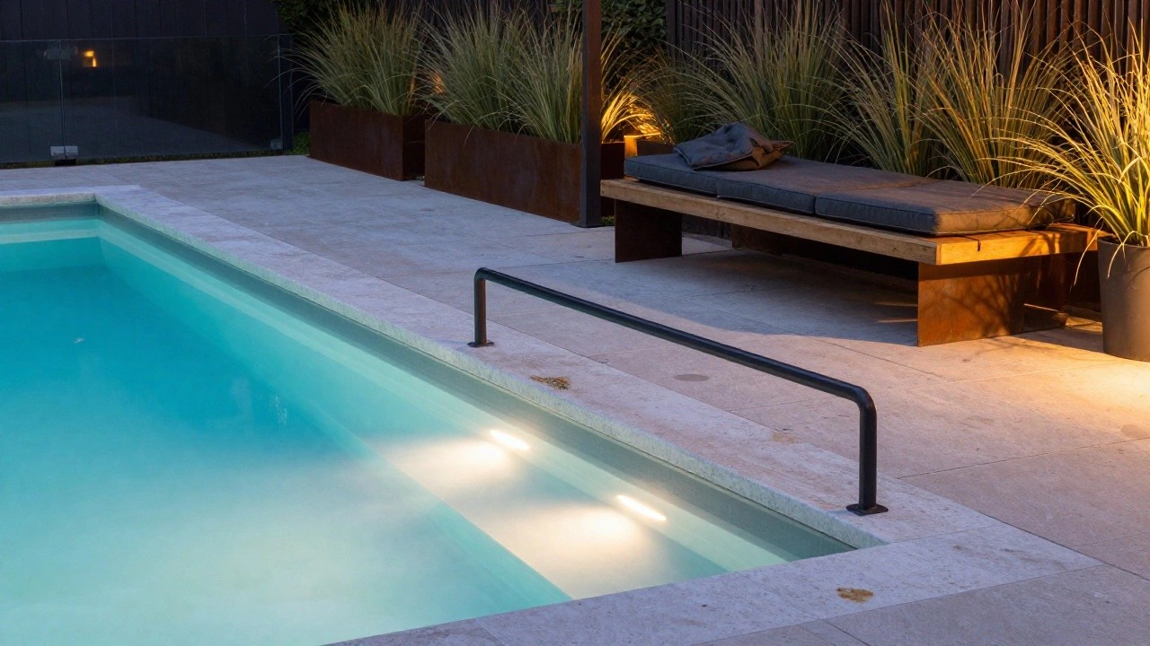 Nighttime photo of a rectangular pool with thin linear lights embedded along the travertine edge, adjacent concrete daybeds with black cushions, tall pampas grasses in corten steel planters, and warm uplights on a tiled deck.