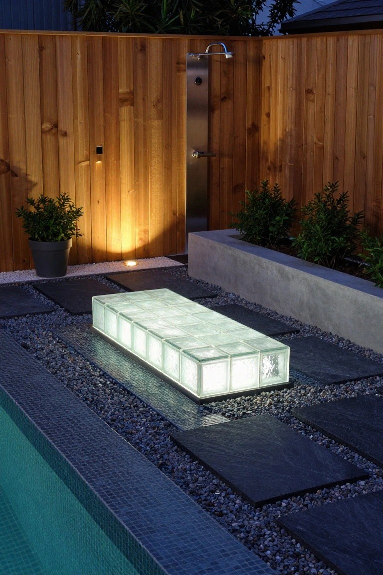 19 Modern Pool Lighting Ideas That Bring Sleek Nighttime Style Nighttime view of a backyard pool area with a rectangular stack of illuminated glass blocks on gravel paving next to the pool edge, wooden fence, outdoor shower, potted plants, and raised garden beds.