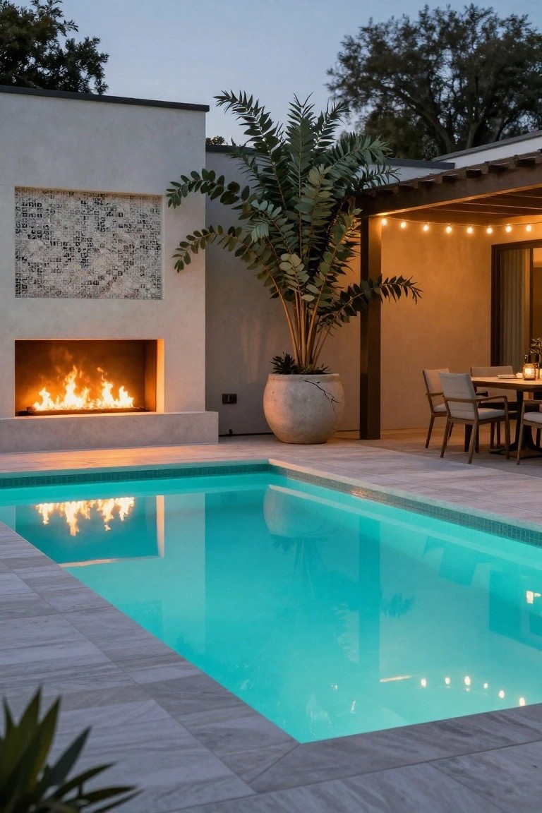 19 Modern Pool Lighting Ideas That Bring Sleek Nighttime Style Outdoor pool with glowing turquoise water at dusk, adjacent linear fire pit, large potted palm tree, beige stucco walls with tile inset, wooden pergola with string lights over dining table, and gray stone deck.