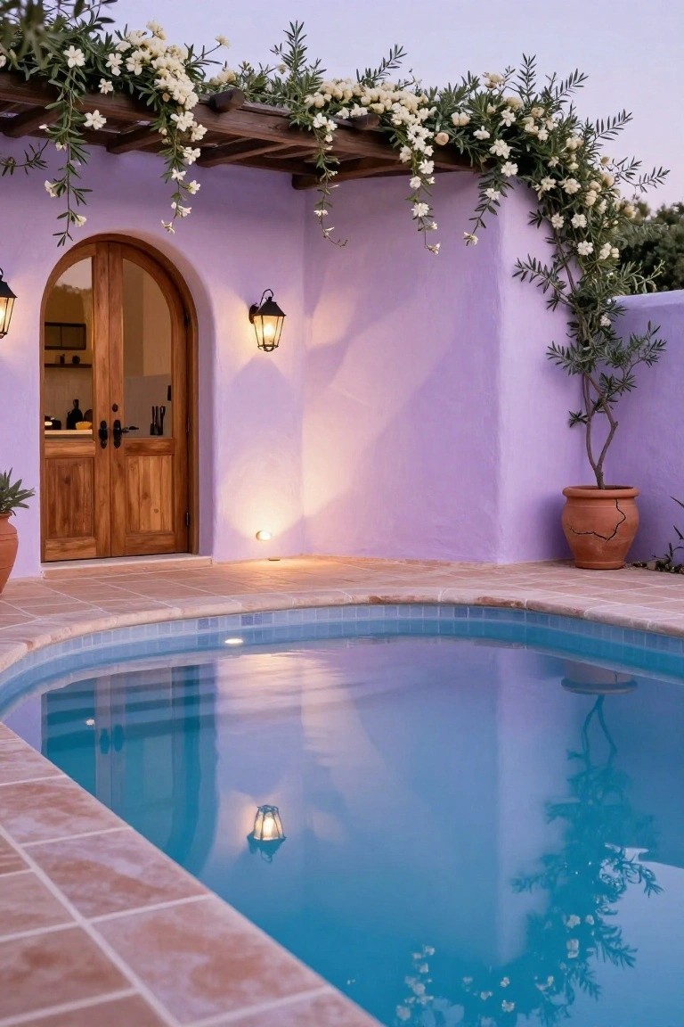 19 Modern Pool Lighting Ideas That Bring Sleek Nighttime Style Curved blue swimming pool at dusk beside a purple stucco house wall with arched wooden doors, wall-mounted lanterns, ground light, white flowering vines on wooden pergola, potted plants, and terracotta pots.